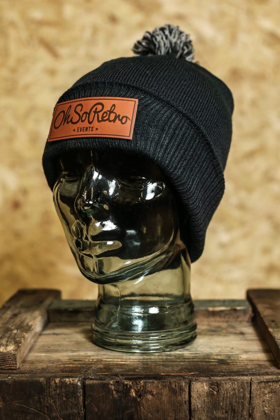 Brown Rectangle Leather Patch Bobble Hat Beanie (Blue or Black)